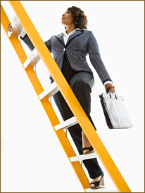 Businesswoman climbing ladder.