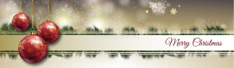 christmas banner of silver background with red decoration green leaves and text saying merry christmas