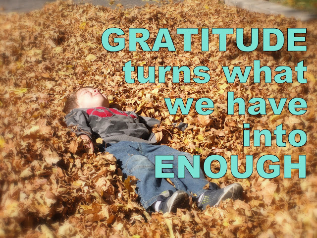 child laying in autumn leaves with text stating GRATITUDE turns what we have into enough