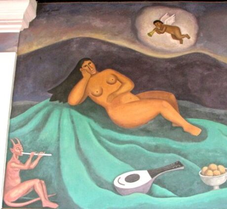 woman laying naked on teal blanket surrounded by and angel below and devil above 