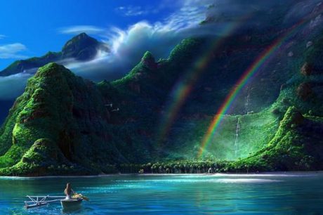 woman in canoe on peaceful lake sided by green hills and soft rainbow