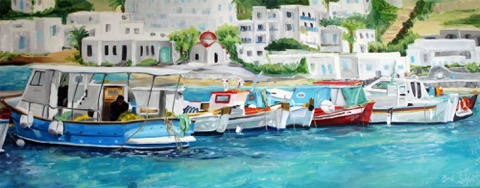 oil painting of mikynos in beautiful sea colors painted by zoe lefort