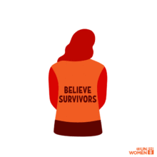 back shadow image of woman wearing orange jacket saying BELIEVE SURVIVORS