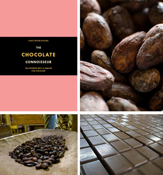 chocolate connoisseur book cover inside collage of photos of chocolate beans and bars