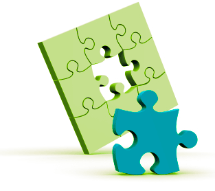 green puzzle square with center piece colored blue leaning on square signifying missing elements
